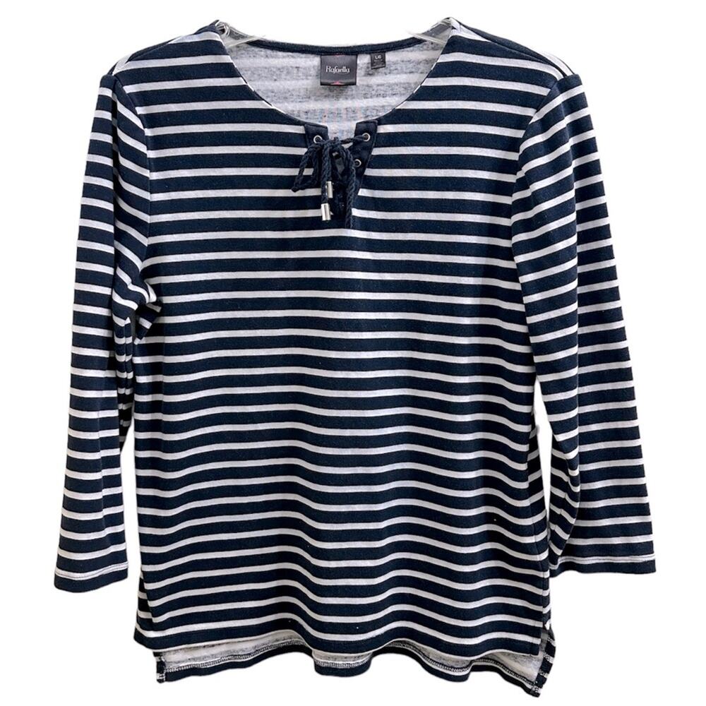 Rafaella Nautical Sailing Navy Striped Lace-up Neckline 3/4 Sleeve Top Coastal .